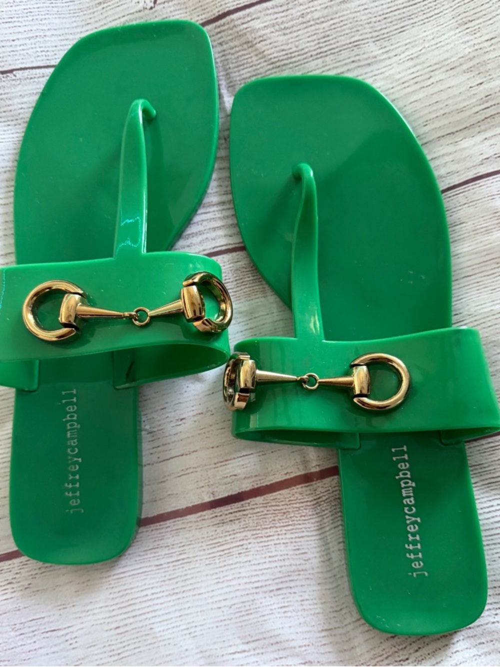 Jeffrey Campbell Green Jelly Horsebit Slide Sandals with Gold Hardware